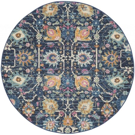 Homeroots 4 ft. Round Navy Blue Floral Buds Area Rug 385228